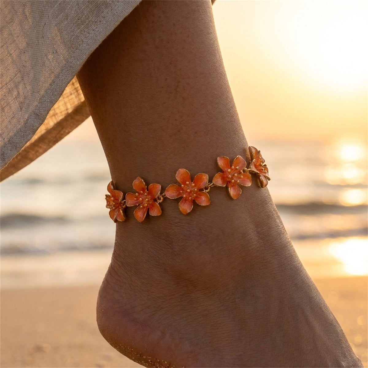 Exaggerated hollow-out metal flower anklet with open floral design and adjustable chain detail