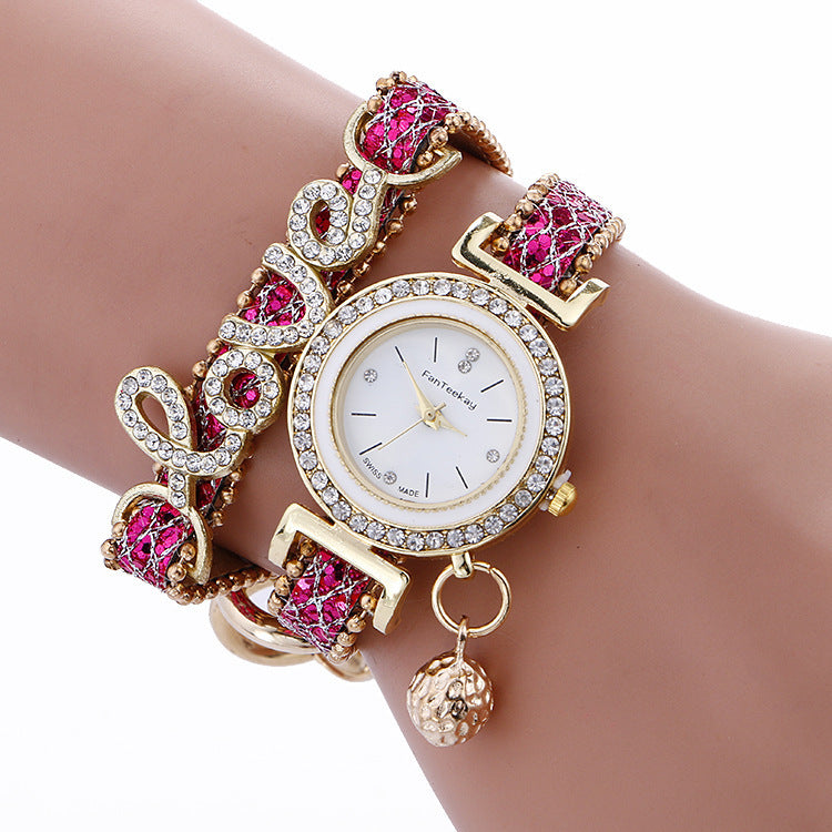 Crystal leather LOVE bracelet womens watch with sparkling accents and a leather strap
