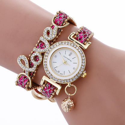 Crystal leather LOVE bracelet womens watch with sparkling accents and a leather strap