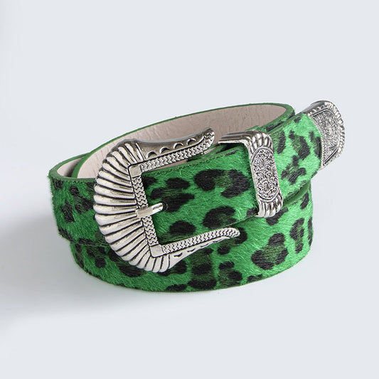 Women's retro leopard print horsehair western buckle belt with carved detailing, Y2K fashion style