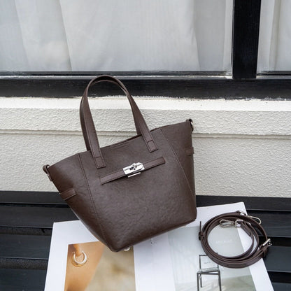 Large-capacity top-grain vegetable-tanned leather basket bag for women, elegant commuter handbag
