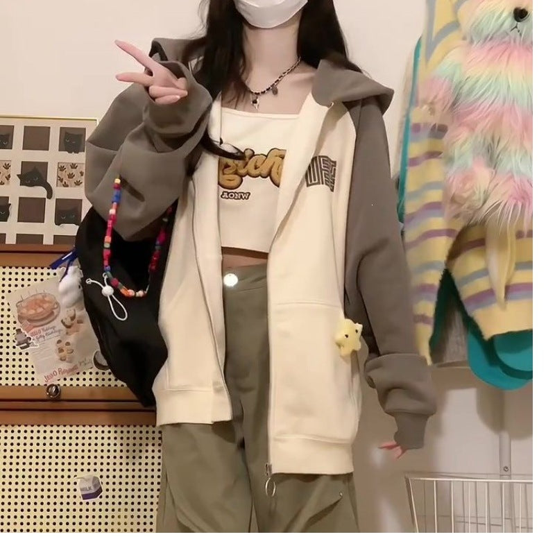Women's fleece-lined thickened hooded sweatshirt jacket in a warm, casual design