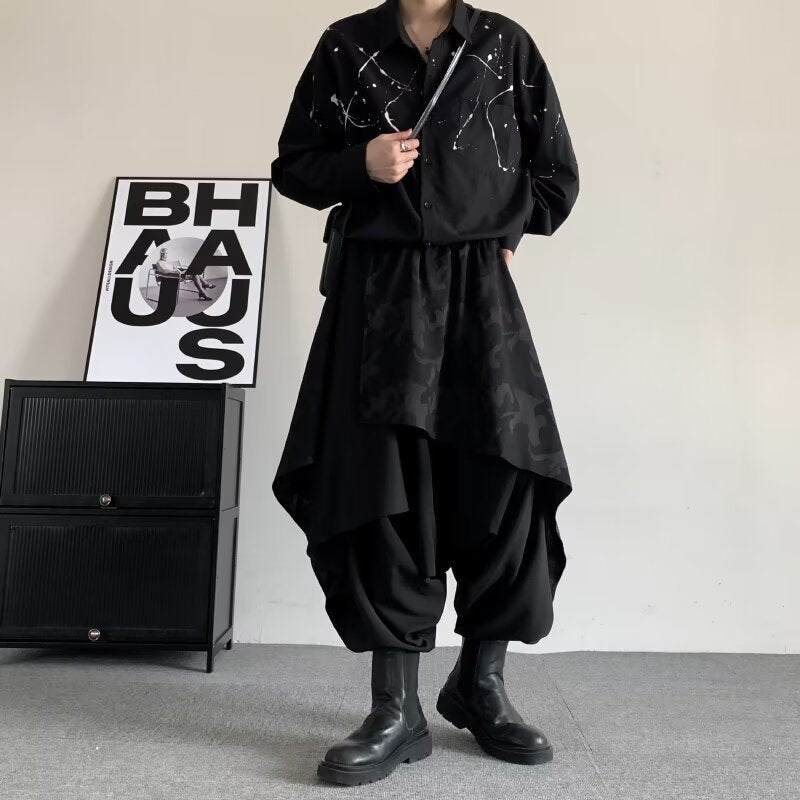 Irregular men's plus-size harem pants with wide-leg culottes silhouette and relaxed fit