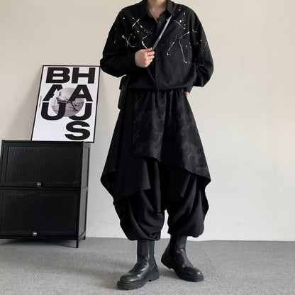 Irregular men's plus-size harem pants with wide-leg culottes silhouette and relaxed fit