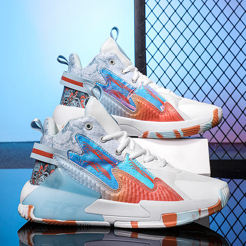 Luminous high-top basketball shoes with padded ankle support and textured sole, side view
