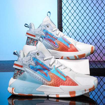 Luminous high-top basketball shoes with padded ankle support and textured sole, side view