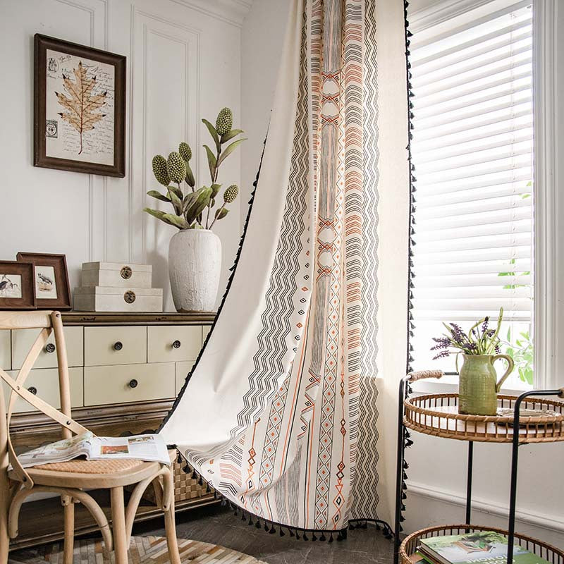 Boho cream cotton and linen print sun shade non-punched curtain fabric close-up