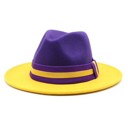 Two-tone patchwork wool top hat with a fashionable classic design, shown from the front