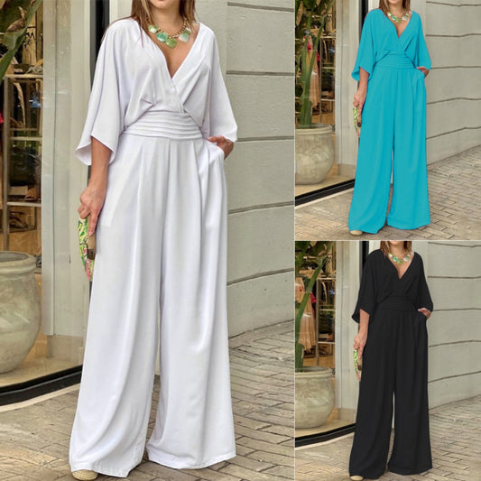 Women's solid color V-neck short-sleeved casual jumpsuit from My Store