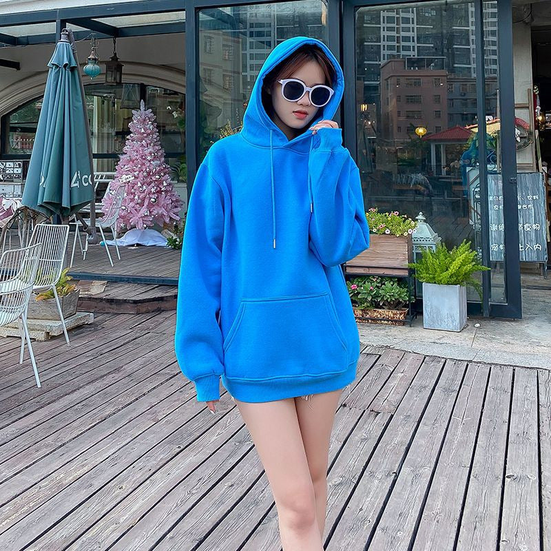 Women's solid-color loose-fit drop-shoulder hooded sweatshirt in a casual pullover style