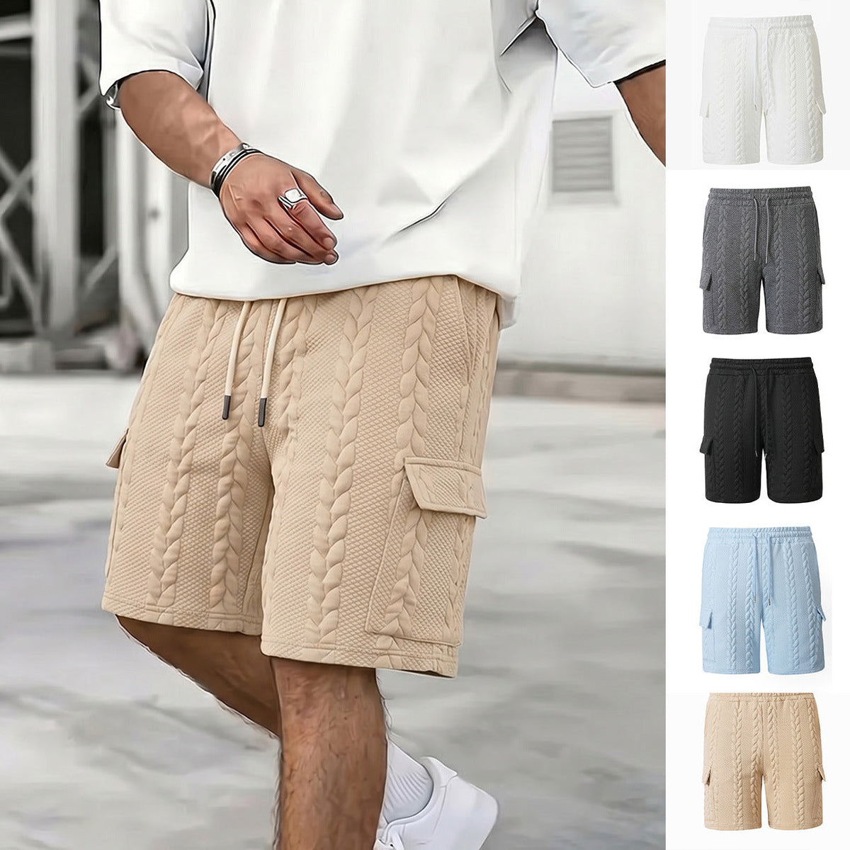 Men's drawstring jacquard casual shorts by My Store in a textured patterned fabric