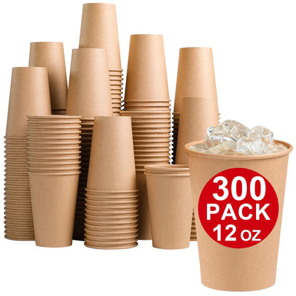 BYSNOW 300-pack 12 oz kraft paper coffee cups with brown disposable design for hot or cold drinks, including water, coffee, and juice.