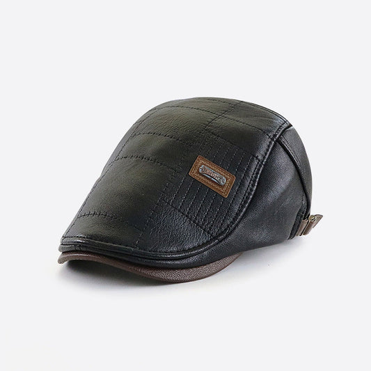 Fashionable All-match PU Leather Peaked Cap Fleece-lined Warm