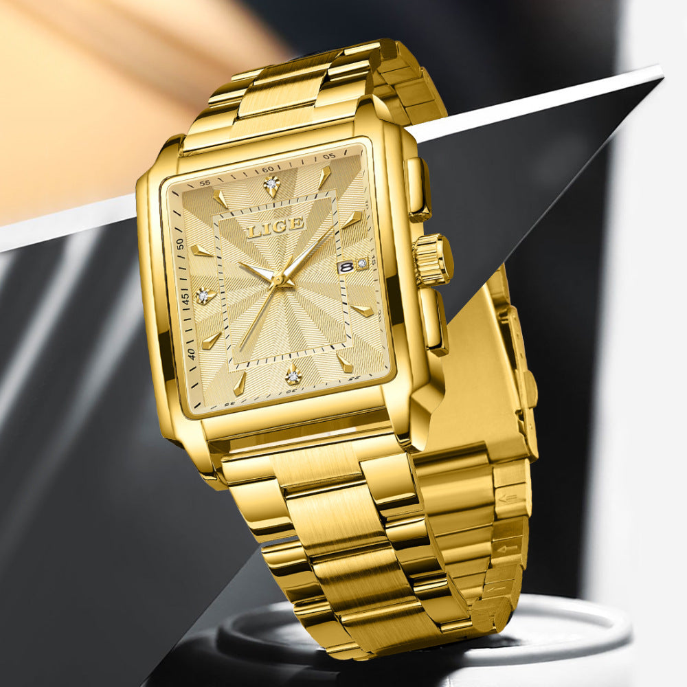 Men's square large-dial steel belt simple watch with a clean, minimalist design