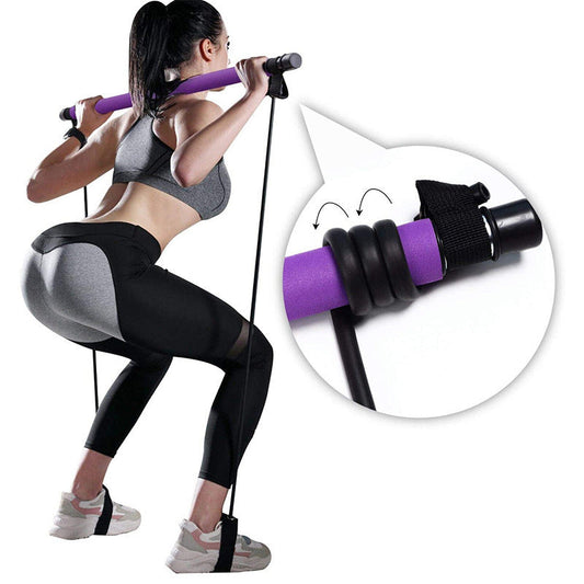 Portable yoga Pilates bar with elastic resistance bands for home fitness and bodybuilding workouts