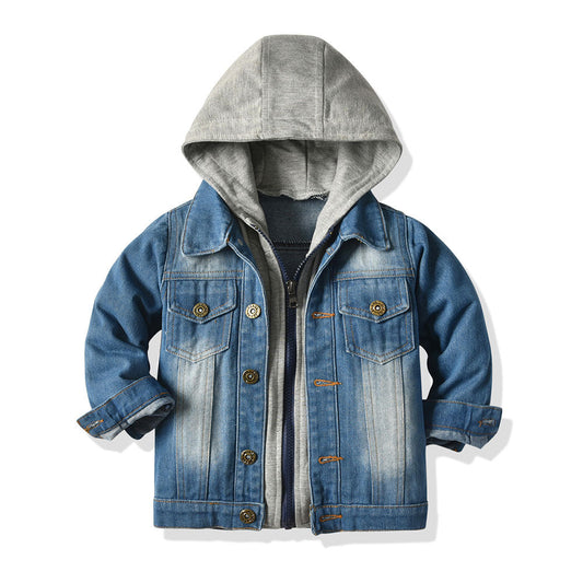 Children's hooded fake two-piece denim jacket, casual layered fashion top