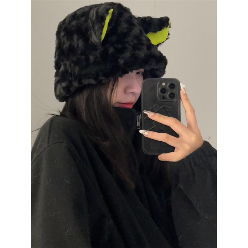Dark lamb plush warm winter pot hat with soft fuzzy texture and cute rounded design