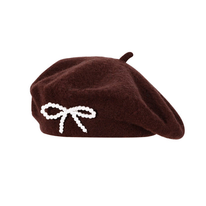 Pearl bow wool breathable beret in a classic rounded design