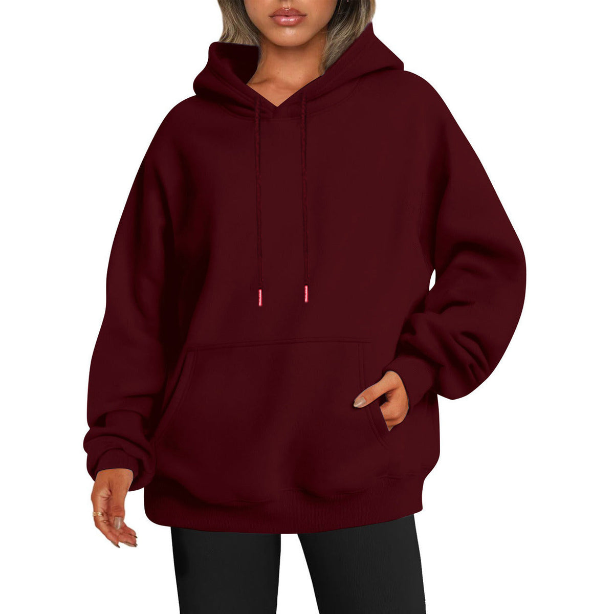 Women's solid-color loose-fit drop-shoulder hooded sweatshirt in a relaxed silhouette