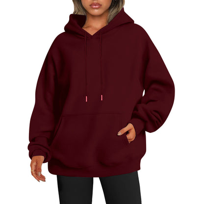 Women's solid-color loose-fit drop-shoulder hooded sweatshirt in a relaxed silhouette