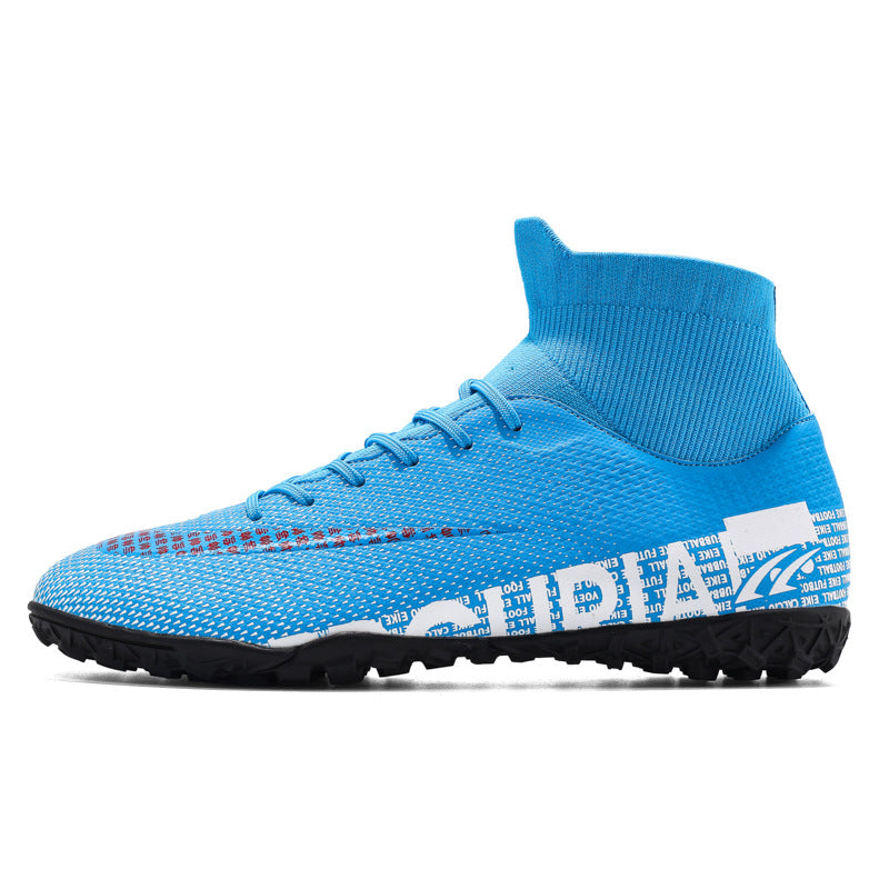 Men's plus size high-top soccer shoes with AG spikes in a close-up product view