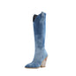 Snake print high heels rider boots from BACKUPMYFILESNOW.COM® with pointed toes and rugged heel, stylish and trendy footwear.