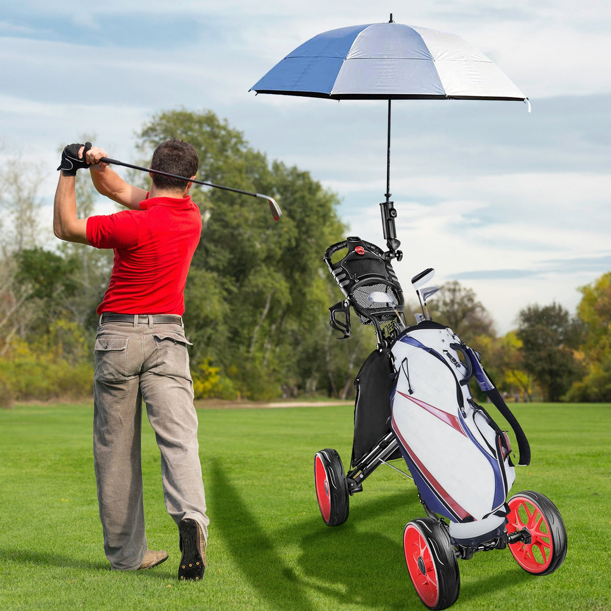 Foldable four-wheel golf trolley for transporting golf supplies, shown in compact design.
