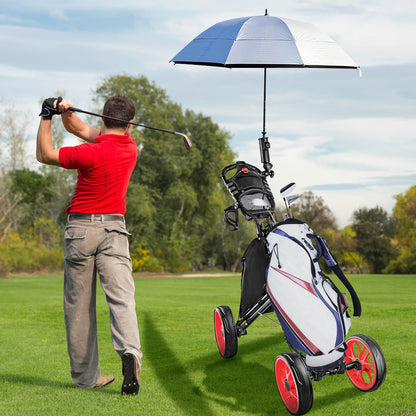 Foldable four-wheel golf trolley for transporting golf supplies, shown in compact design.