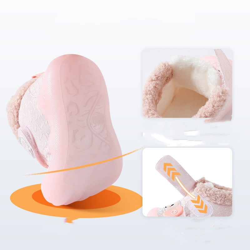 Two warm cotton toddler shoes for winter, soft padded design in pink and white