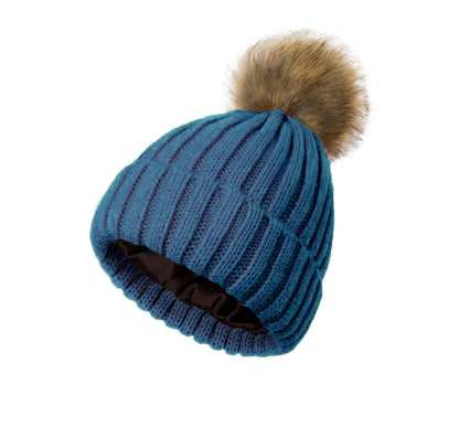 Women's solid-color brimmed hat with satin pom-pom detail-my Store