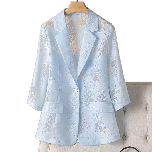 Women's jacquard cropped-sleeve blazer with textured fabric and tailored silhouette