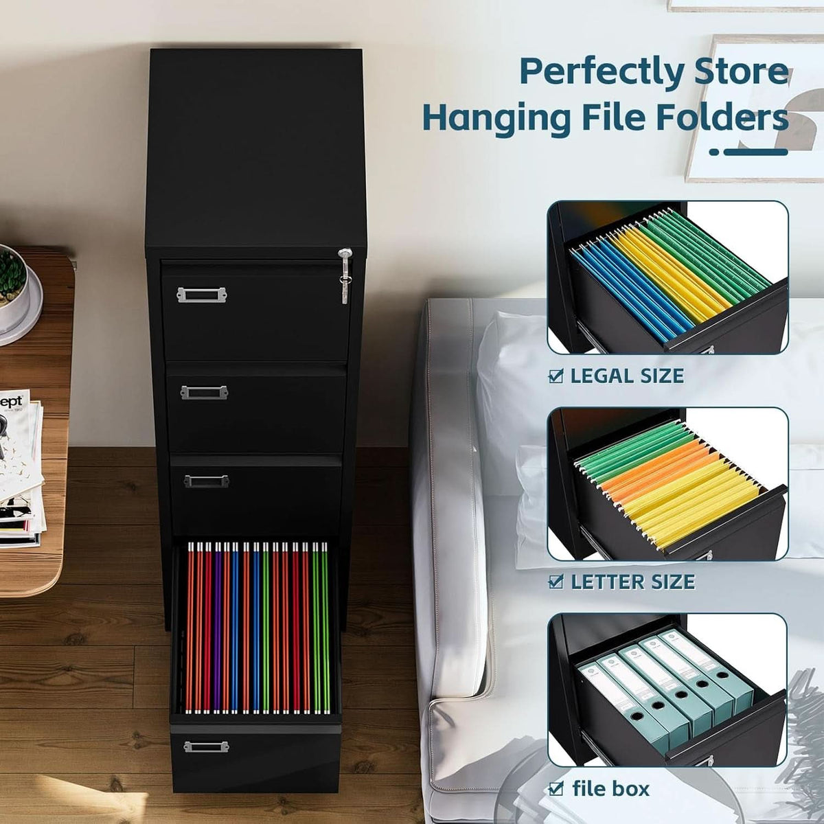 Four-drawer filing cabinet with lock from ShipItFurniture, ideal for home office storage and organization.