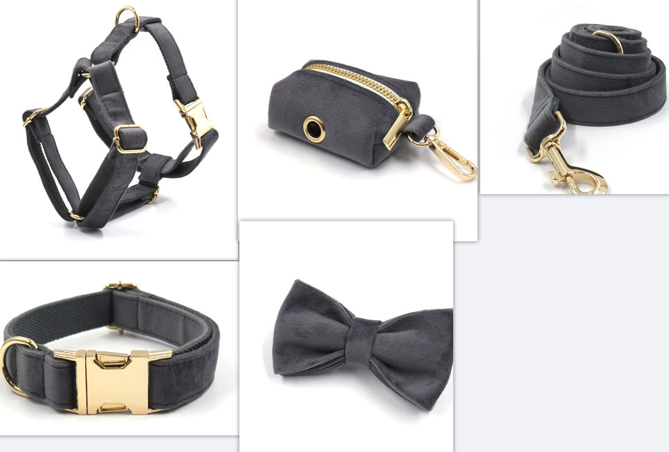 Dark grey velvet pet collar and leash set displayed together