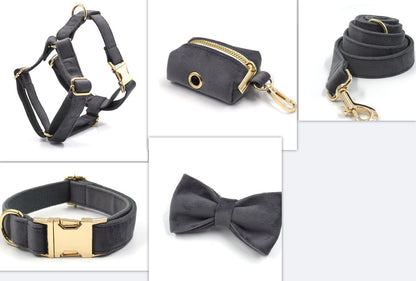 Dark grey velvet pet collar and leash set displayed together