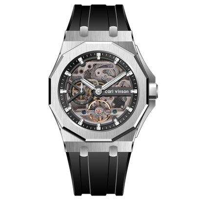 Fully automatic luminous mechanical alloy watch with decorative hollow silicone strap