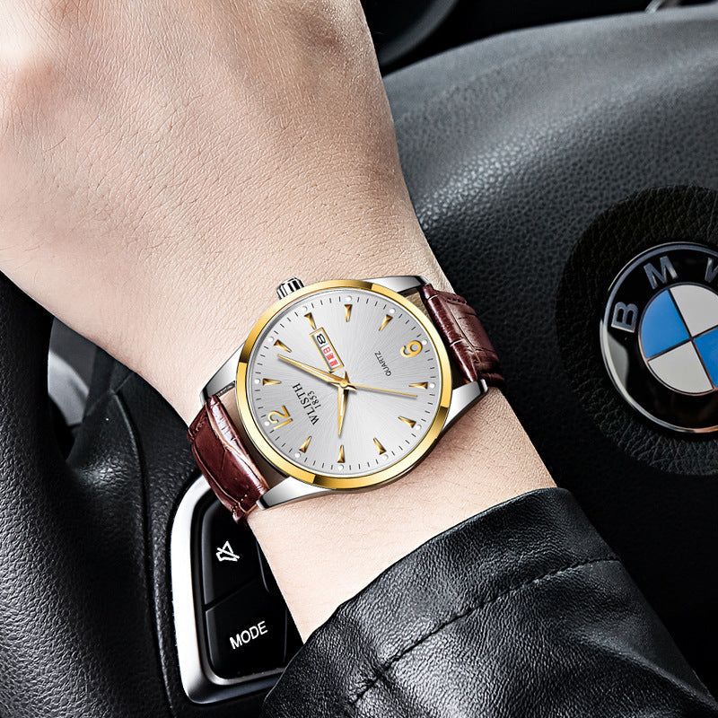 Luminous waterproof leather-strap quartz watch for men with a classic round dial