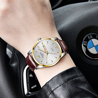 Luminous waterproof leather-strap quartz watch for men with a classic round dial