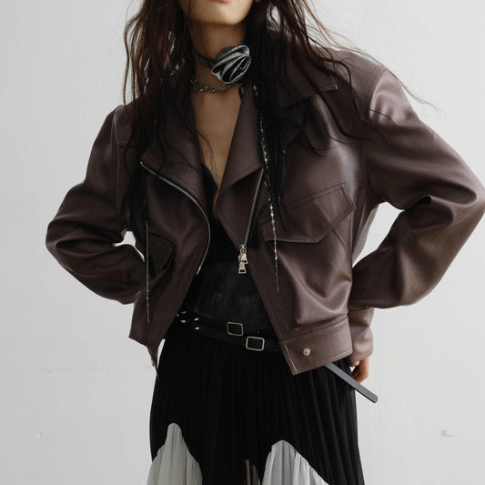 Handsome loose PU leather jacket coat in a classic design_北京赛车pk