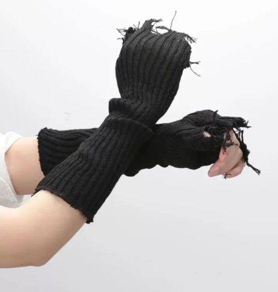 Black tattered punk fingerless cuff knit gloves, unisex pair