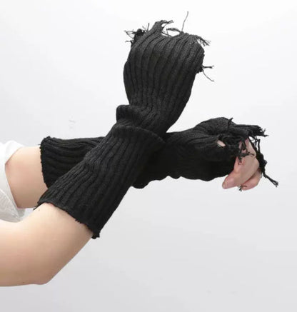 Black tattered punk fingerless cuff knit gloves, unisex pair