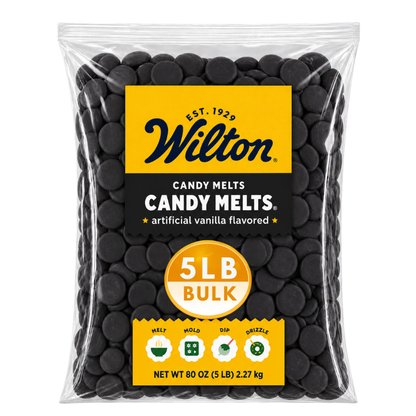 Black chocolate confectionery melting wafers in a 5lb bulk bag from Candy In Bulk, perfect for candy making and baking.