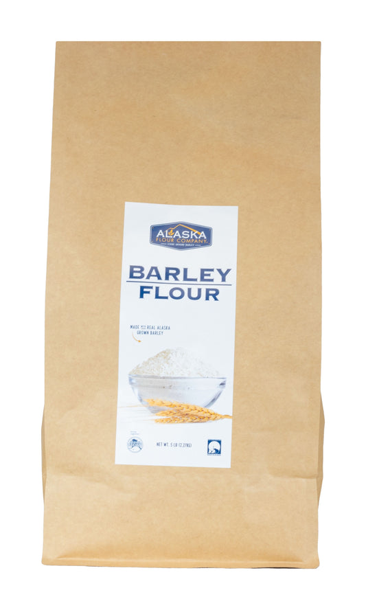 5lb bag of barley flour from Alaska Flour Company, showing the front label and packaging for grocery baking use.