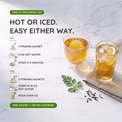 Organic Moringa Energy Tea by Miracle Tree with cherry and chamomile, a natural coffee alternative with vibrant tea leaves and herbs.