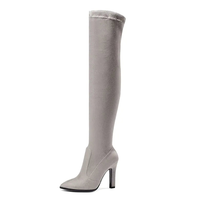 Women's Suede Pointed Toe Chunky Heel High Boots