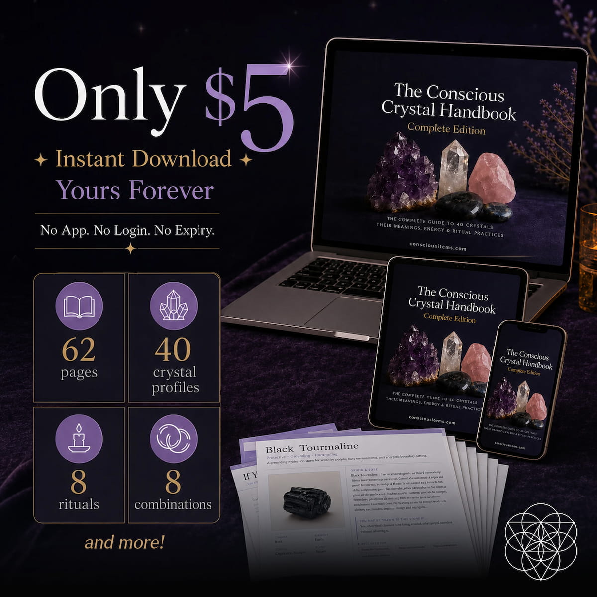 Ebook cover of The Conscious Crystal Handbook by Conscious Items, featuring a colorful crystal illustration and title text.