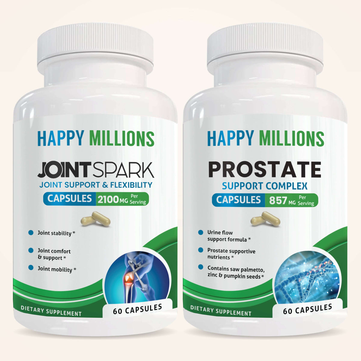 Supplements bottle for joint and prostate support by Happy Millions, featuring the product label with health benefits.