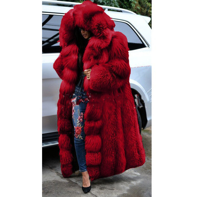 Women’s long hooded faux fur coat in a soft, full-length design