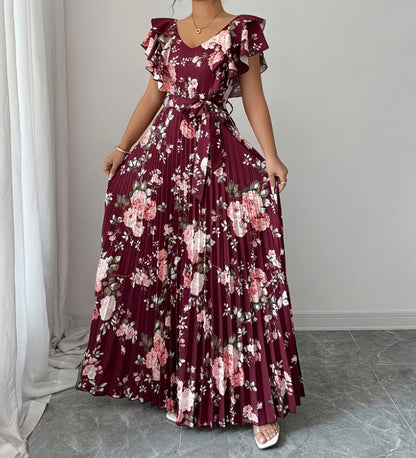Women's V-neck printed ruffle A-line dress by My Store in a flowing silhouette