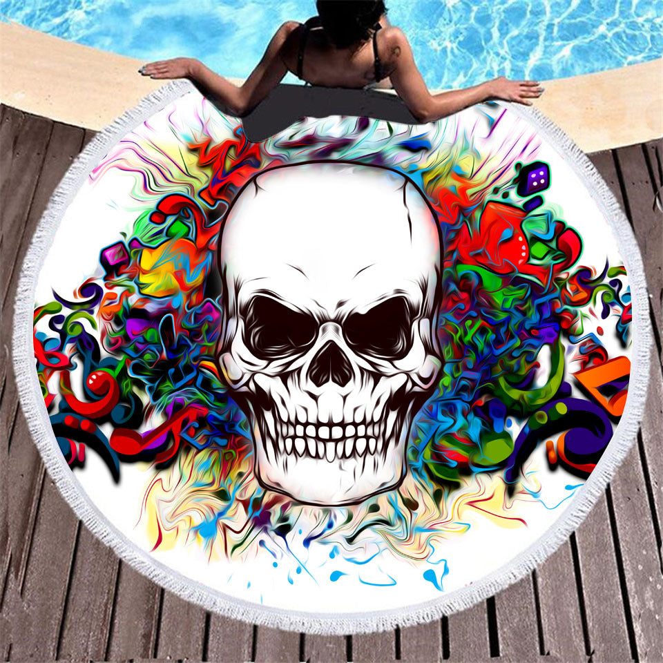 Skull print round beach towel with decorative tassel trim