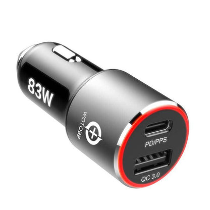 83W car charger plugged into a vehicle power outlet with USB charging ports visible
